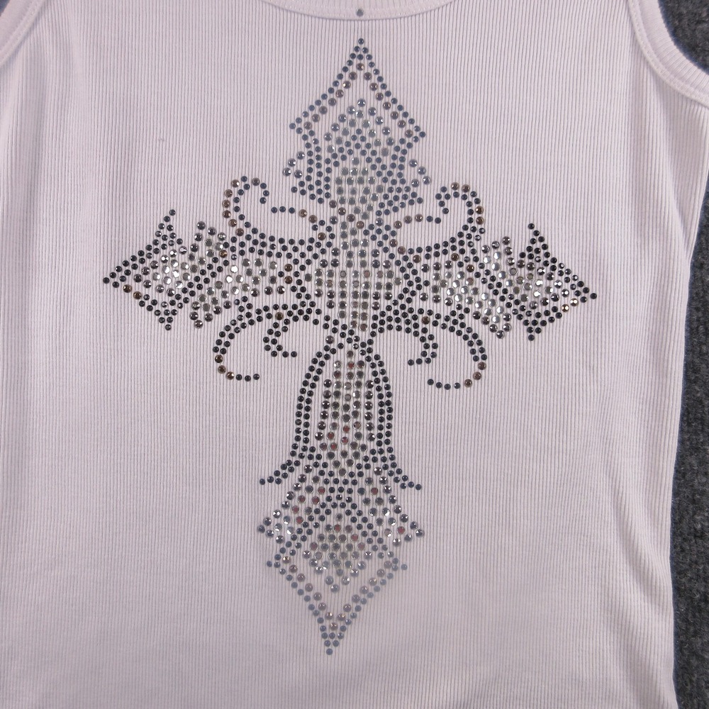 Get Lucky‎ Tank Top Womens Large White Rhinestone Cross Scoop Neck Graphic